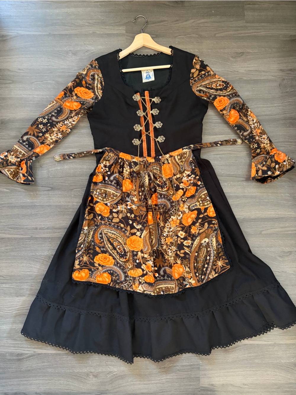 Vintage 1970s Authentic Bavarian Dirndl Dress with psychedelic floral pattern